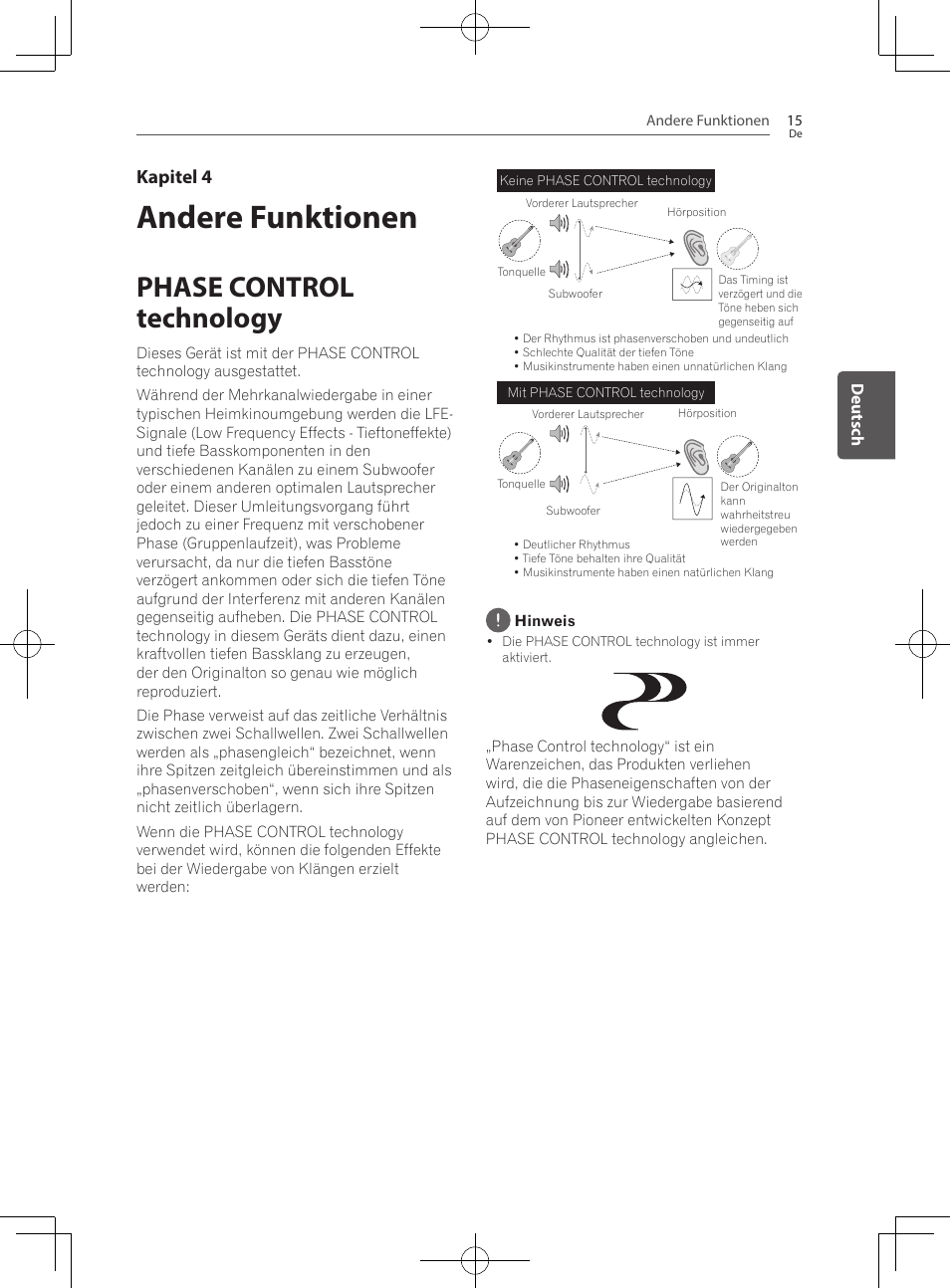 Andere funktionen, Phase control technology, Kapitel 4 | Pioneer SBX-300 User Manual | Page 65 / 180