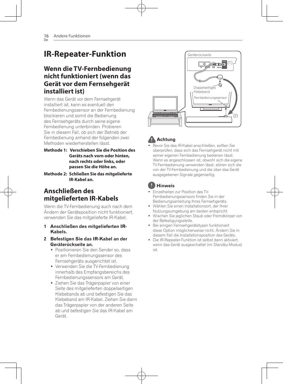 16 ir-repeater-funktion 16, Wenn die tv-fernbedienung nicht funktioniert, Anschließen des mitgelieferten ir-kabels | Ir-repeater-funktion | Pioneer SBX-300 User Manual | Page 66 / 180