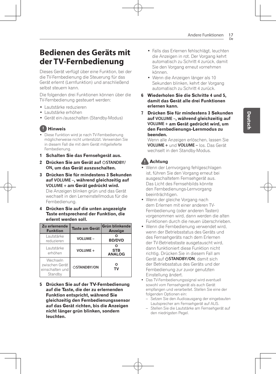 Bedienen des geräts mit der tv-fernbedienung | Pioneer SBX-300 User Manual | Page 67 / 180