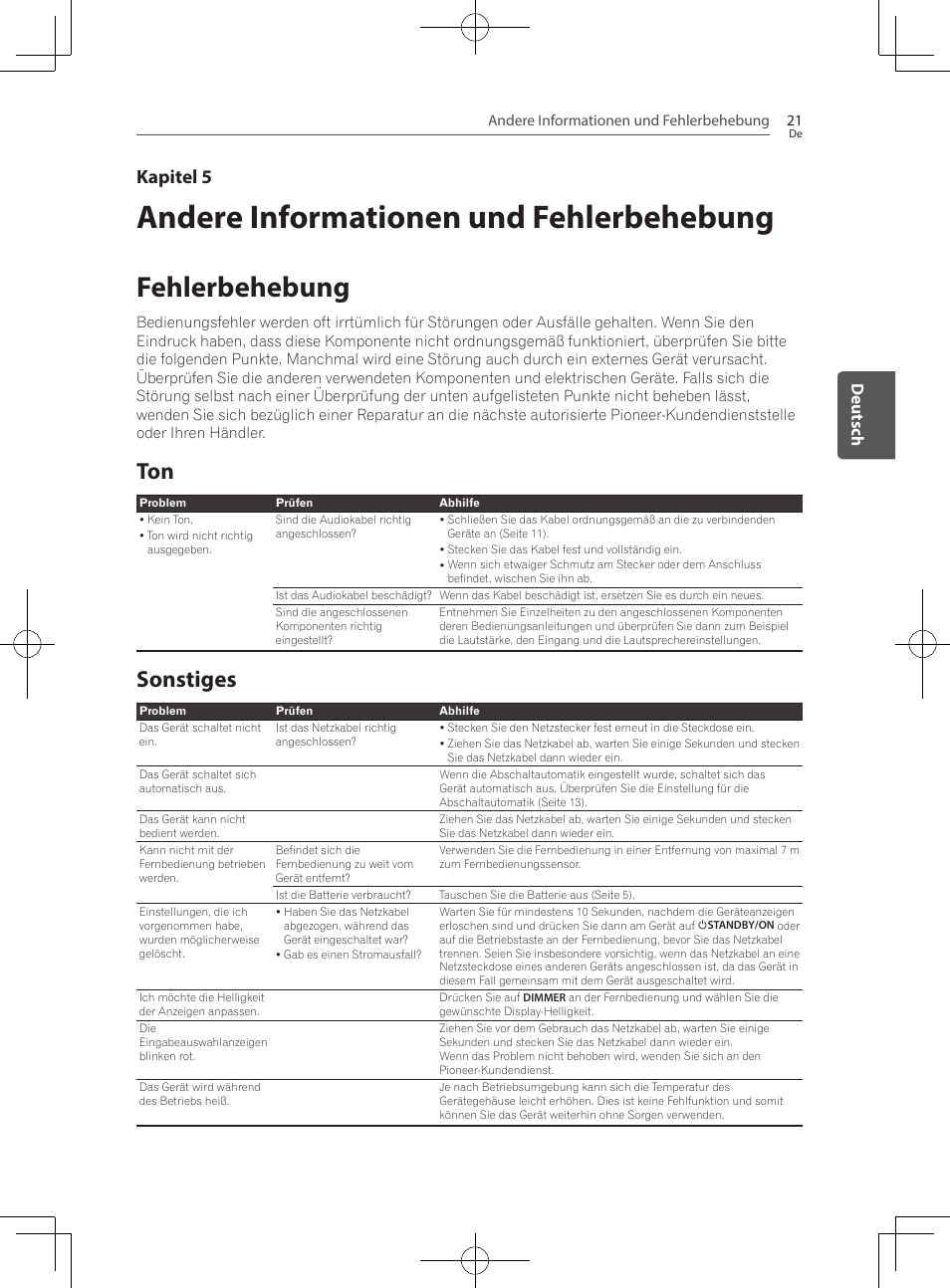 Andere informationen und, Fehlerbehebung, 21 fehlerbehebung 21 | Sonstiges, Andere informationen und fehlerbehebung, Kapitel 5, Deutsch | Pioneer SBX-300 User Manual | Page 71 / 180