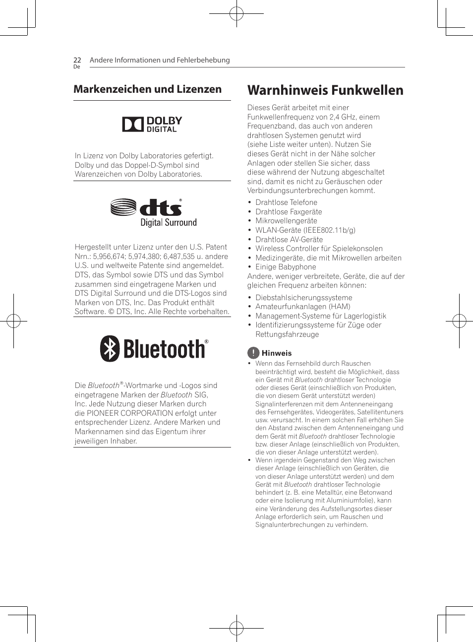 Markenzeichen und lizenzen, Warnhinweis funkwellen | Pioneer SBX-300 User Manual | Page 72 / 180