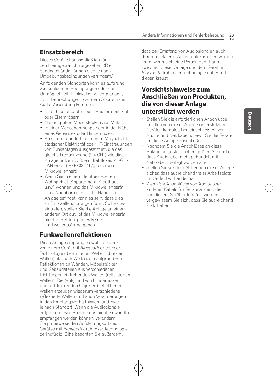 Einsatzbereich, Funkwellenreflektionen, Vorsichtshinweise zum anschließen von | Pioneer SBX-300 User Manual | Page 73 / 180