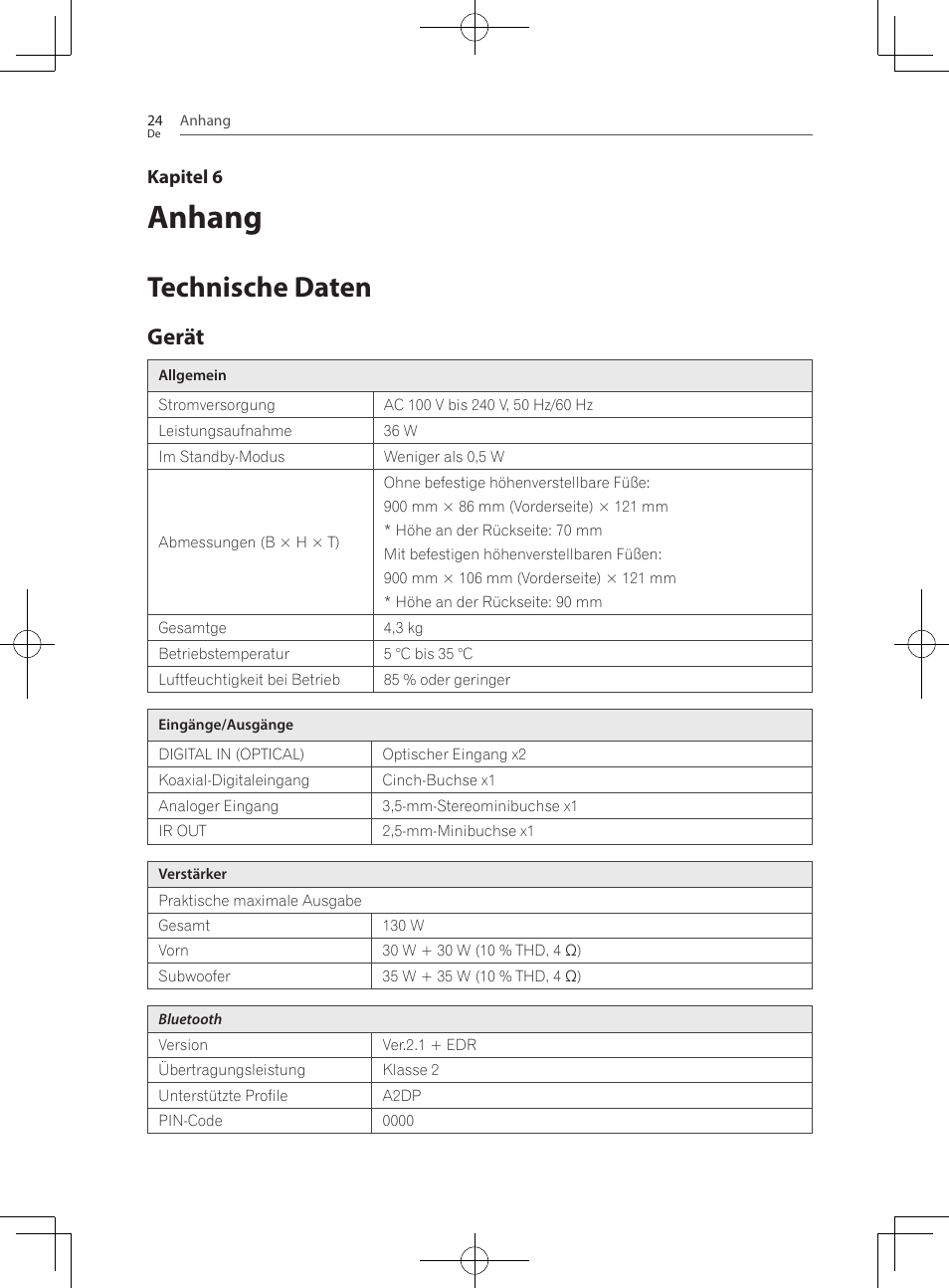 Anhang, Technische daten, Gerät | Pioneer SBX-300 User Manual | Page 74 / 180