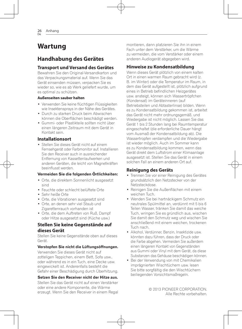 26 wartung 26, Handhabung des gerätes, Wartung | Pioneer SBX-300 User Manual | Page 76 / 180