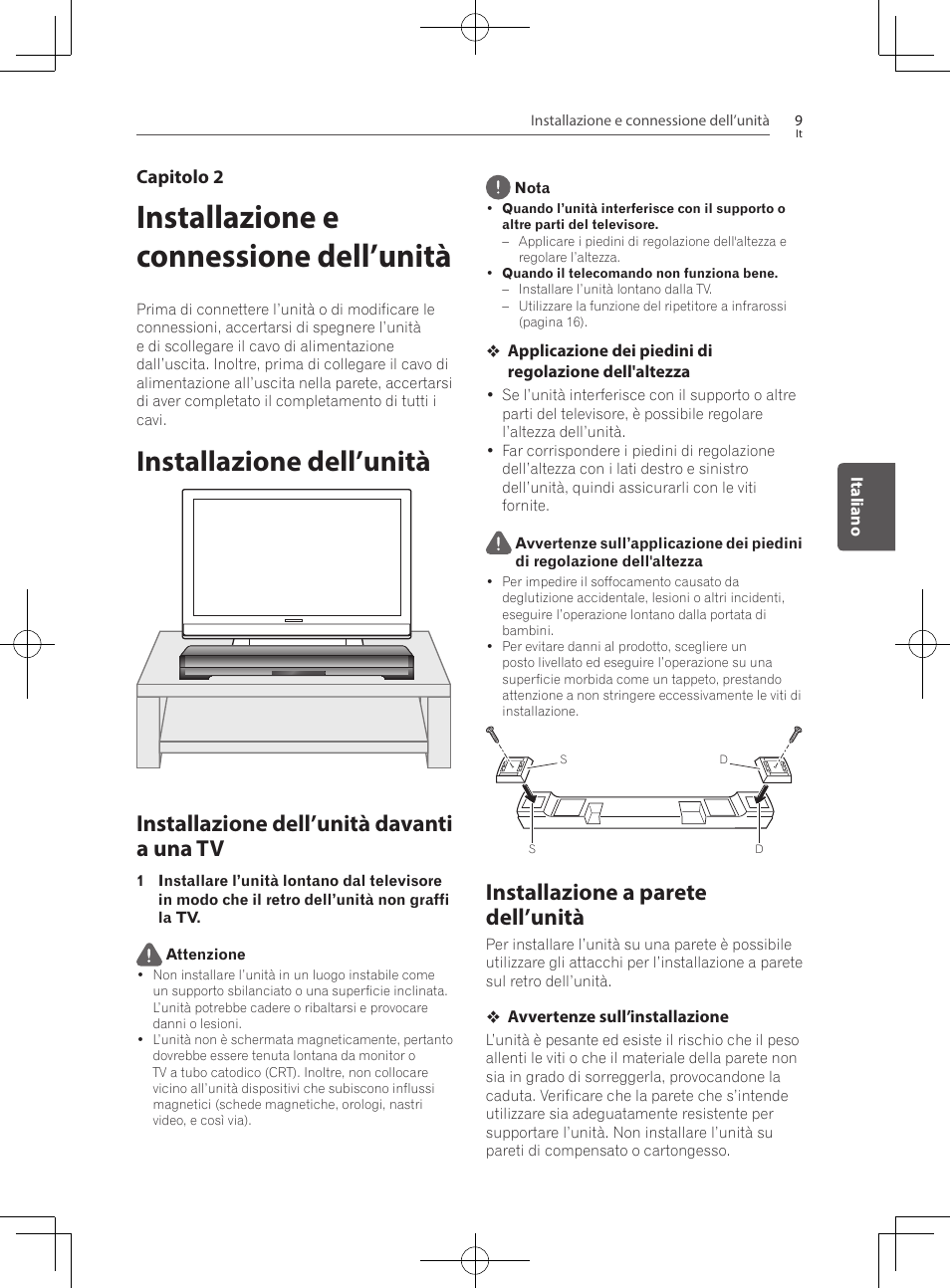 Installazione e connessione, Dell’unità, Installazione dell’unità | Installazione dell’unità davanti a una tv, Installazione a parete dell’unità, Installazione e connessione dell’unità | Pioneer SBX-300 User Manual | Page 85 / 180