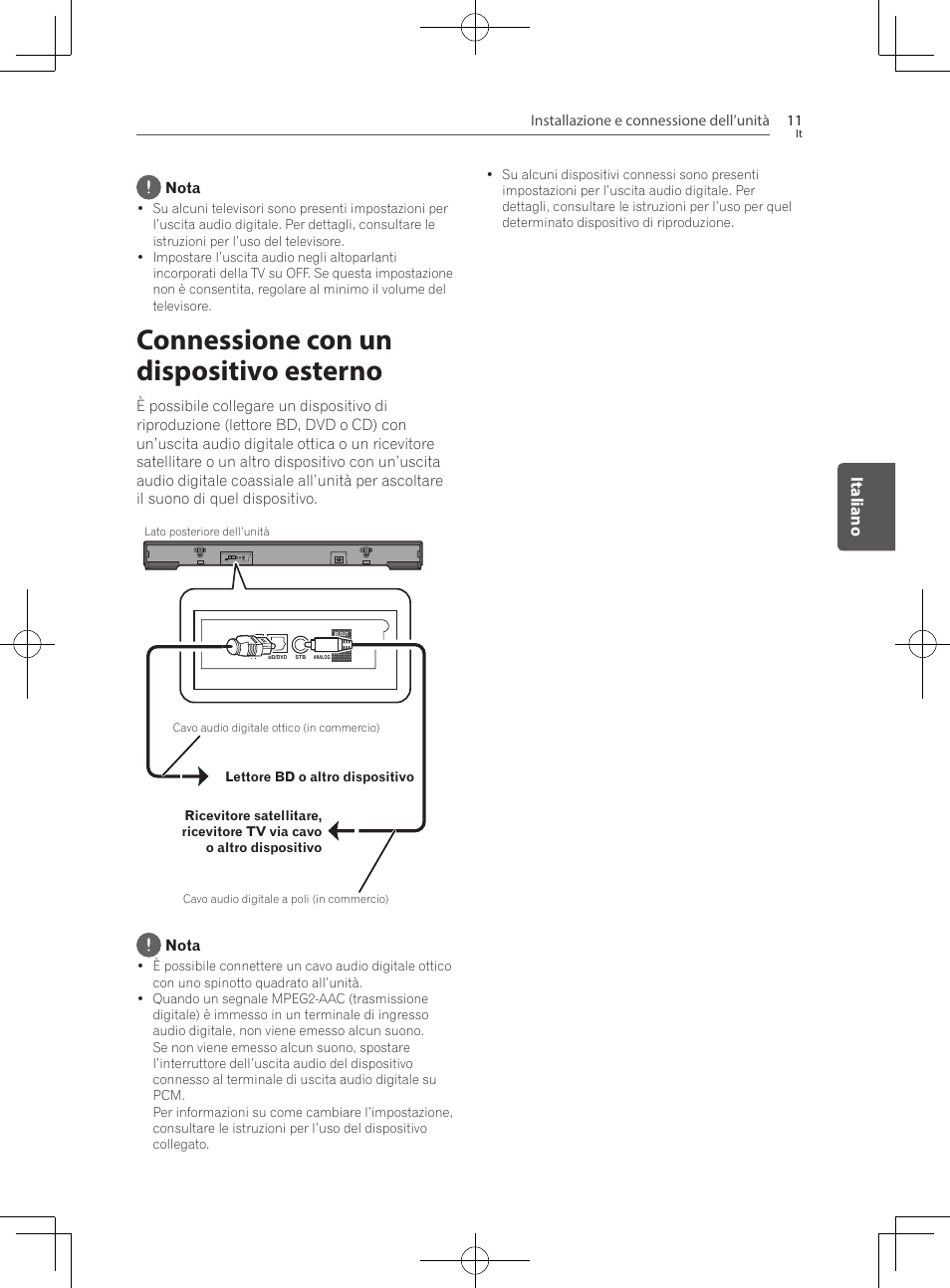 Connessione con un dispositivo esterno, Italiano | Pioneer SBX-300 User Manual | Page 87 / 180