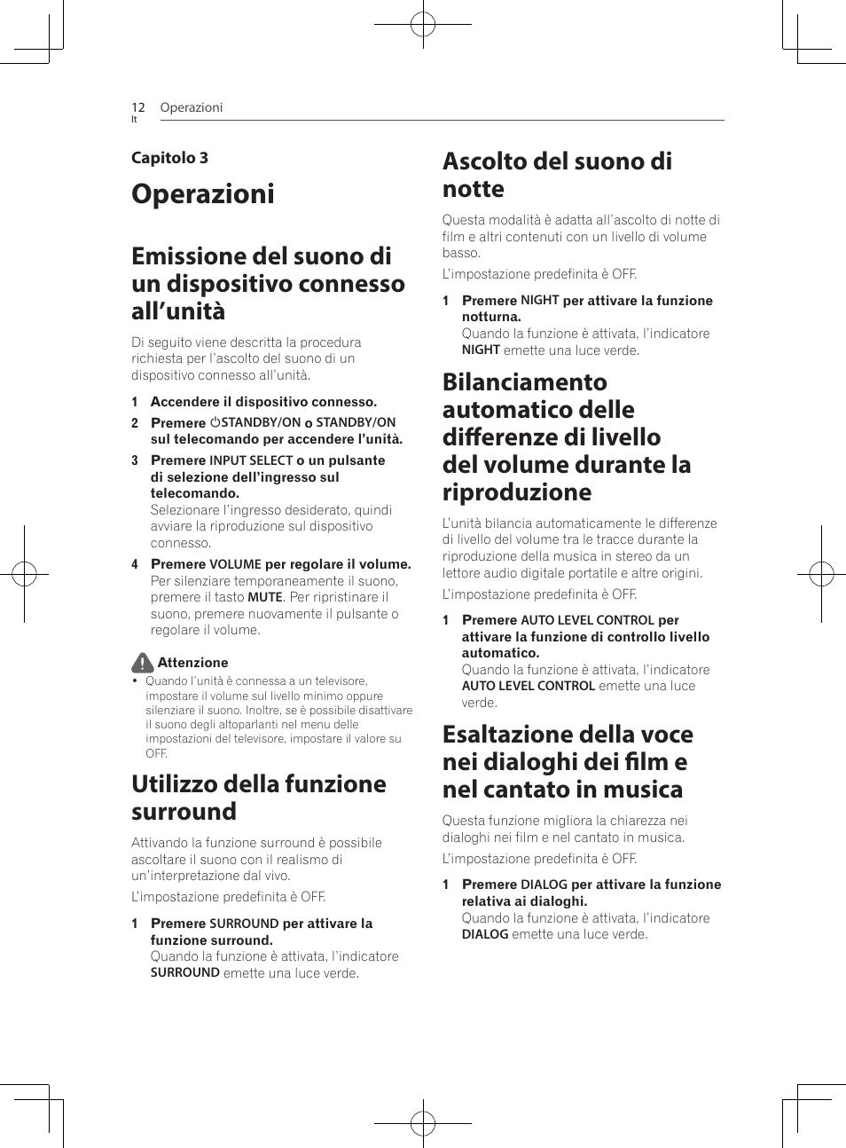 Operazioni, Utilizzo della funzione surround, Ascolto del suono di notte | Pioneer SBX-300 User Manual | Page 88 / 180