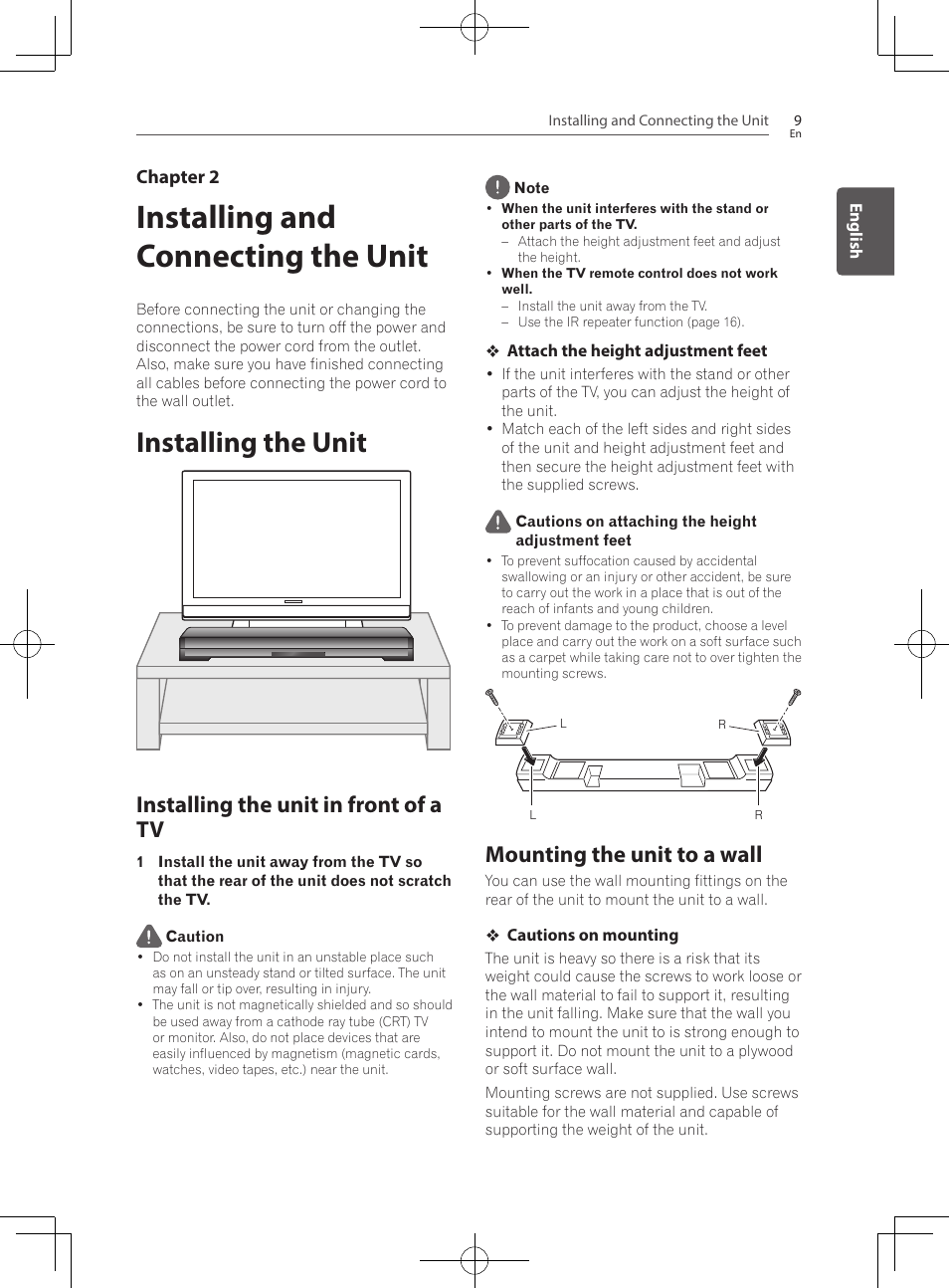 Installing and connecting the unit, Installing the unit, Installing the unit in front of a tv | Mounting the unit to a wall | Pioneer SBX-300 User Manual | Page 9 / 180
