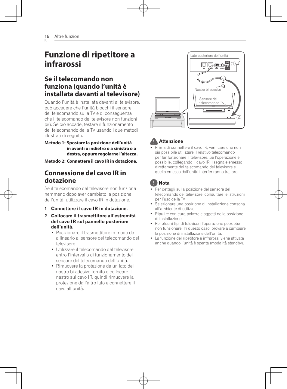 Funzione di ripetitore a infrarossi, Se il telecomando non funziona (quando l’unità, È installata davanti al televisore) | Connessione del cavo ir in dotazione | Pioneer SBX-300 User Manual | Page 92 / 180