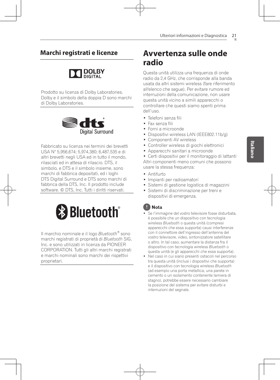 Avvertenza sulle onde radio, Campo di funzionamento, Marchi registrati e licenze | Pioneer SBX-300 User Manual | Page 97 / 180