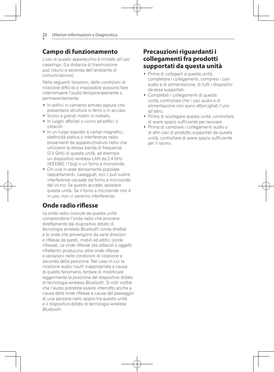 Onde radio riflesse, Precauzioni riguardanti i collegamenti fra, Prodotti supportati da questa unità | Campo di funzionamento | Pioneer SBX-300 User Manual | Page 98 / 180