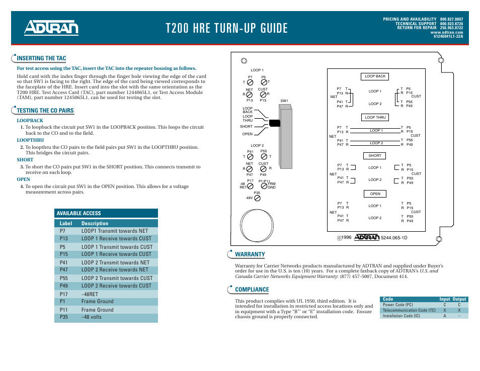 T200 hre turn-up guide, Inserting the tac, Testing the co pairs | Warranty, Compliance | ADTRAN HRE/T200 User Manual | Page 2 / 2