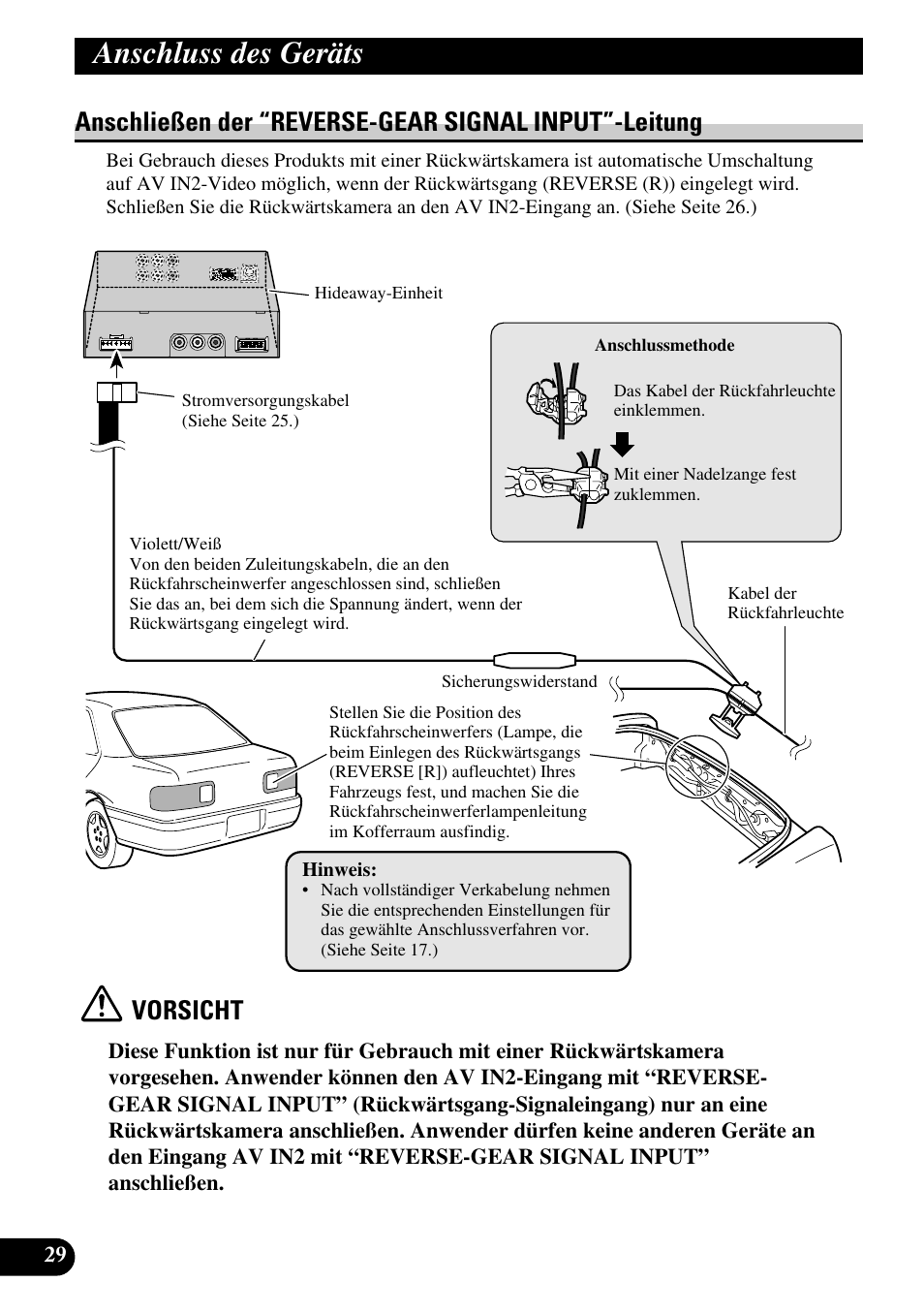 Anschließen der “reverse-gear signal, Input”-leitung, Anschluss des geräts | Vorsicht | Pioneer AVD-W6210 User Manual | Page 102 / 112