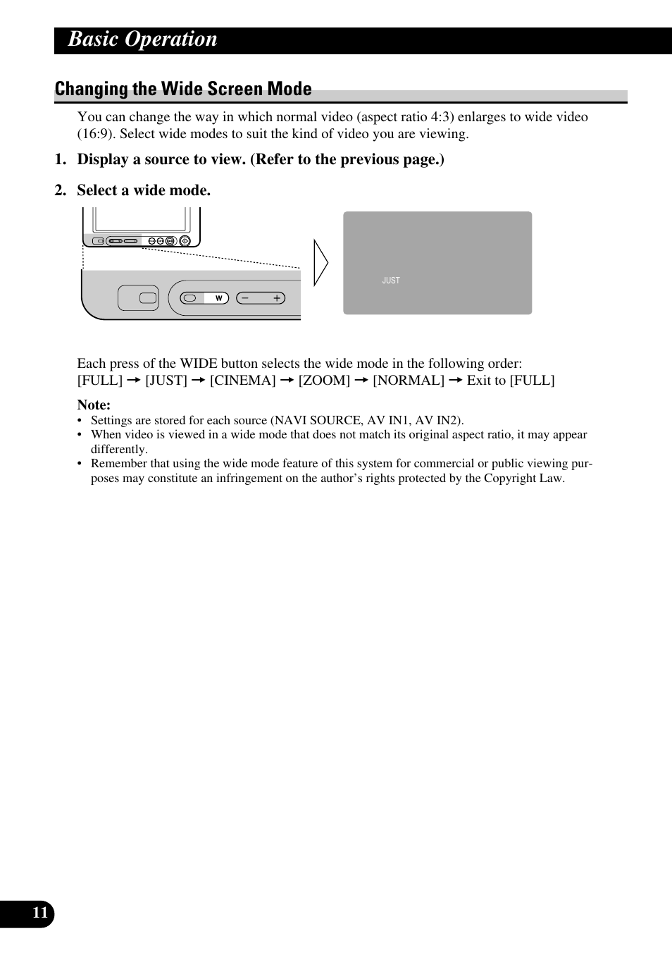 Changing the wide screen mode, Basic operation | Pioneer AVD-W6210 User Manual | Page 12 / 112