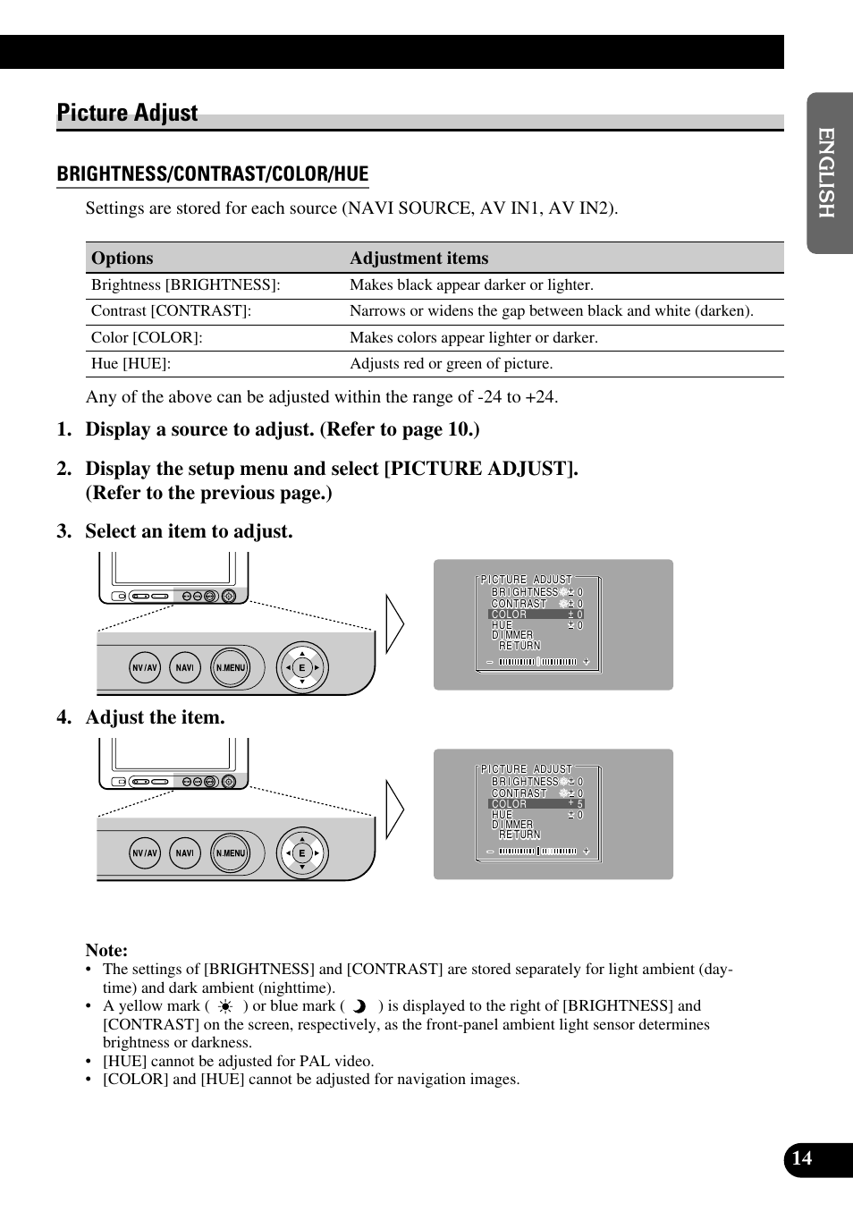 Picture adjust, Brightness/contrast/color/hue | Pioneer AVD-W6210 User Manual | Page 15 / 112