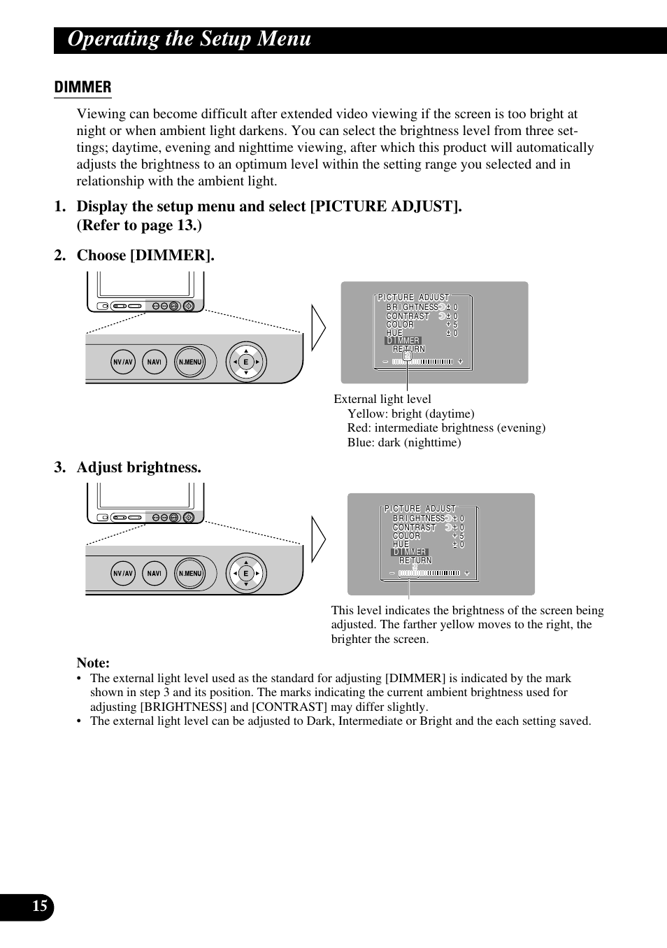 Dimmer, Operating the setup menu, 15 dimmer | Adjust brightness | Pioneer AVD-W6210 User Manual | Page 16 / 112