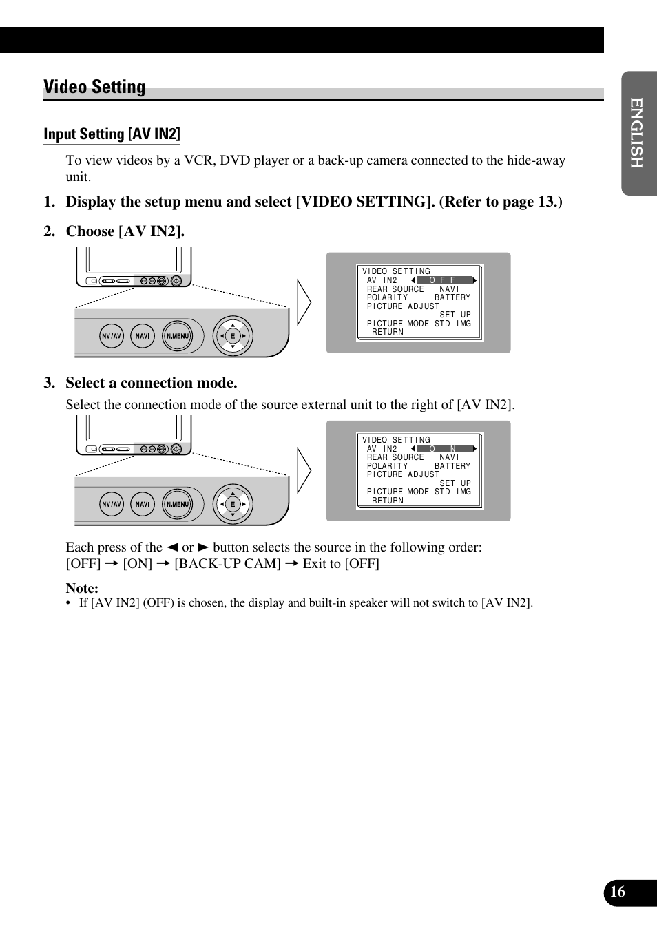 Video setting, Input setting [av in2 | Pioneer AVD-W6210 User Manual | Page 17 / 112