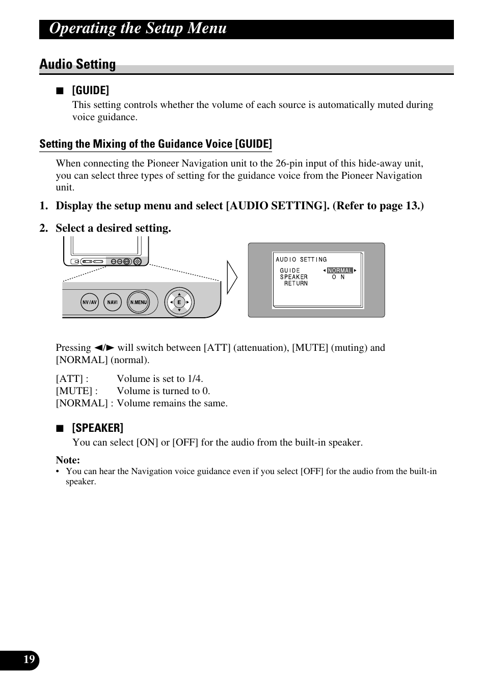 Audio setting, Setting the mixing of the guidance voice [guide, Operating the setup menu | Pioneer AVD-W6210 User Manual | Page 20 / 112