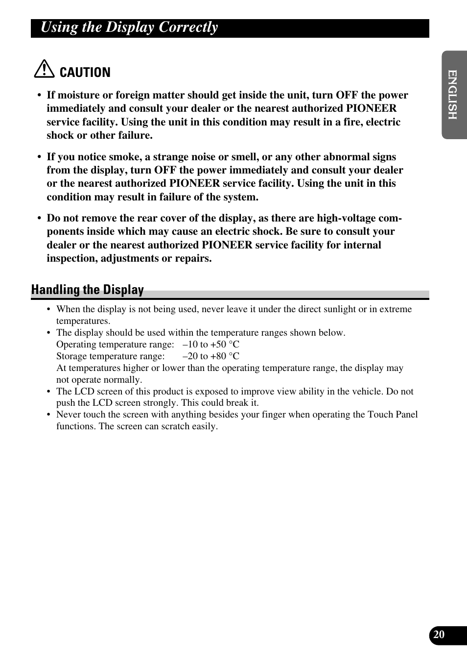 Using the display correctly, Handling the display, Caution | Pioneer AVD-W6210 User Manual | Page 21 / 112