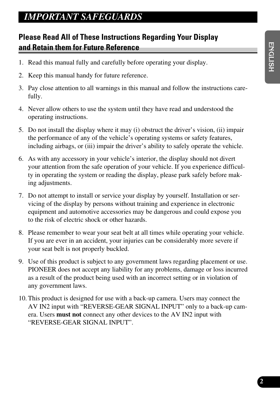 Important safeguards, Please read all of these instructions | Pioneer AVD-W6210 User Manual | Page 3 / 112