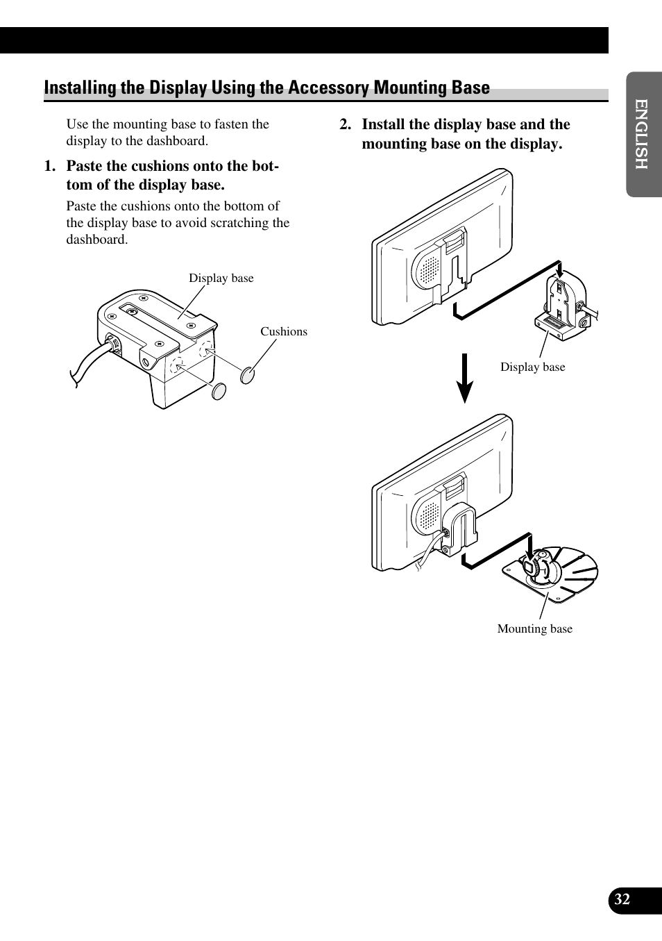 Installing the display using the accessory, Mounting base | Pioneer AVD-W6210 User Manual | Page 33 / 112