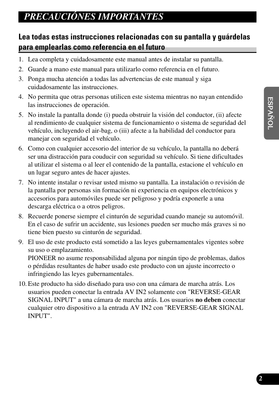 Precauciónes importantes, Lea todas estas instrucciones relacionadas | Pioneer AVD-W6210 User Manual | Page 39 / 112