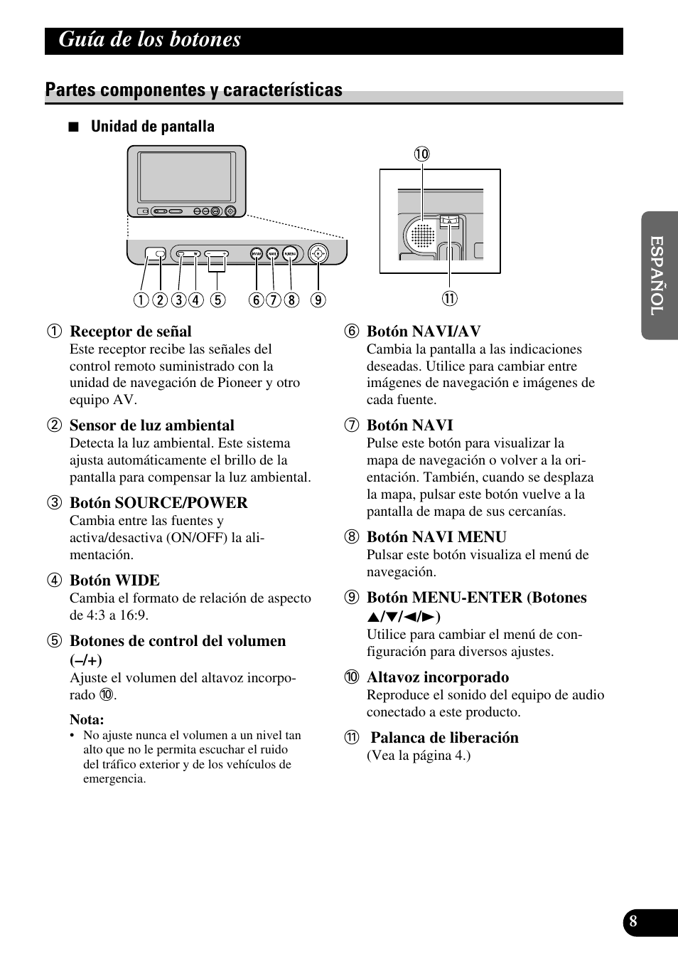Guía de los botones, Partes componentes y características | Pioneer AVD-W6210 User Manual | Page 45 / 112