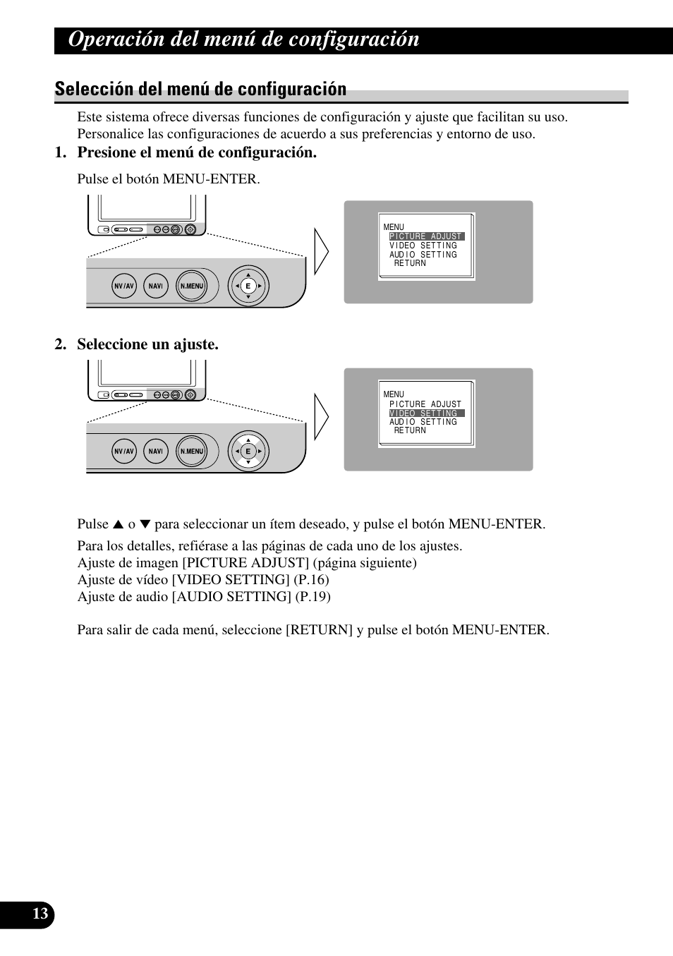 Operación del menú de, Configuración, Selección del menú de configuración | Operación del menú de configuración, Presione el menú de configuración, Seleccione un ajuste | Pioneer AVD-W6210 User Manual | Page 50 / 112