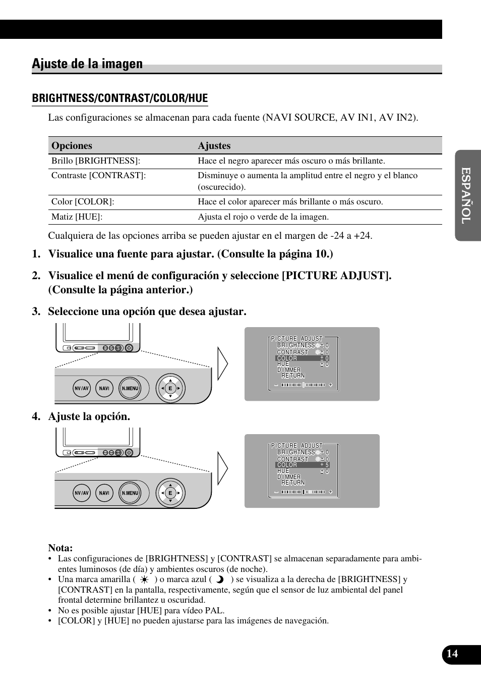 Ajuste de la imagen, Brightness/contrast/color/hue, Nota | Pioneer AVD-W6210 User Manual | Page 51 / 112