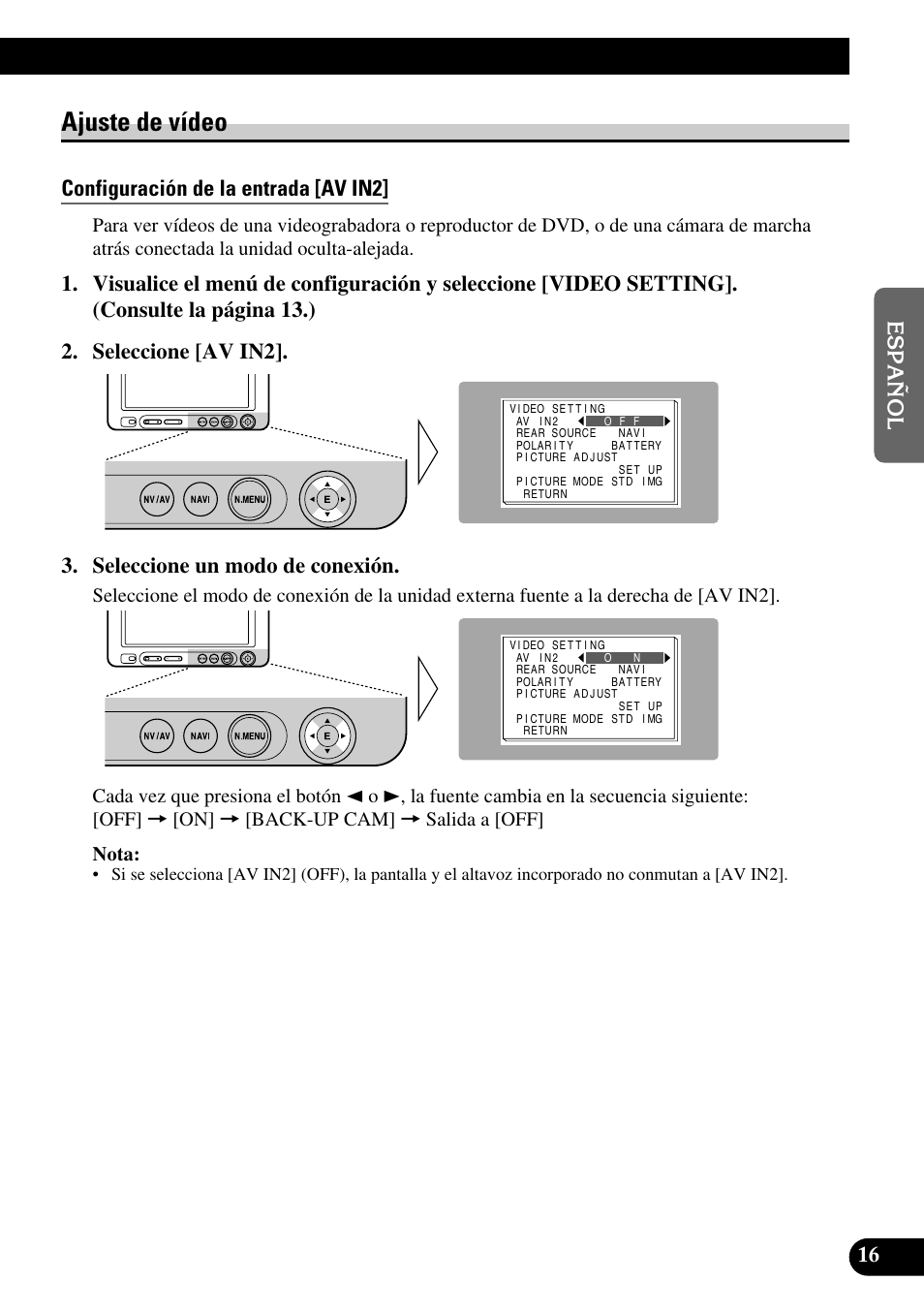 Ajuste de vídeo, Configuración de la entrada [av in2 | Pioneer AVD-W6210 User Manual | Page 53 / 112