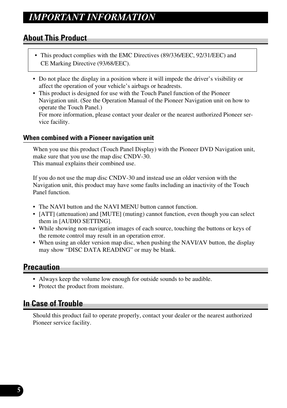 Important information, About this product, When combined with a pioneer navigation unit | Precaution in case of trouble, Precaution | Pioneer AVD-W6210 User Manual | Page 6 / 112