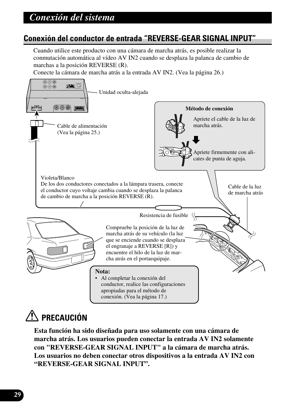 Conexión del conductor de entrada, Reverse-gear signal input, Conexión del sistema | Precaución | Pioneer AVD-W6210 User Manual | Page 66 / 112