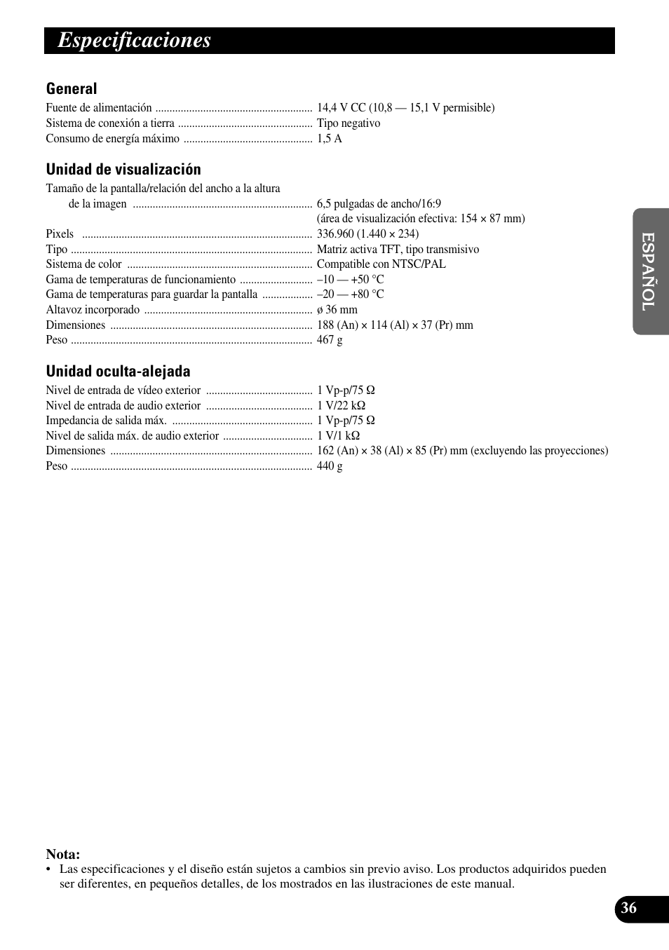 Especificaciones | Pioneer AVD-W6210 User Manual | Page 73 / 112