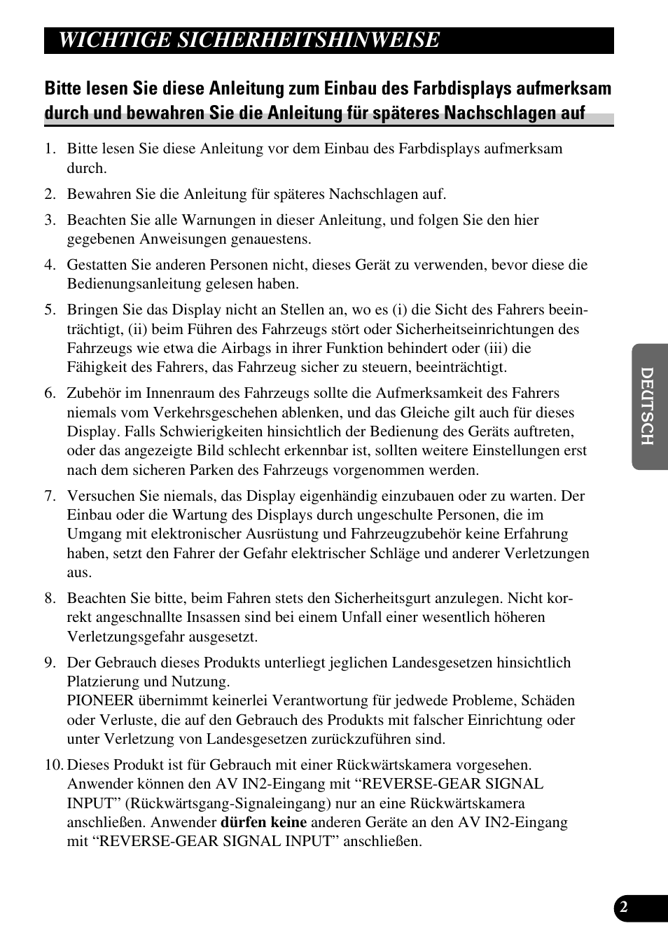 Wichtige sicherheitshinweise, Bitte lesen sie diese anleitung zum einbau des | Pioneer AVD-W6210 User Manual | Page 75 / 112