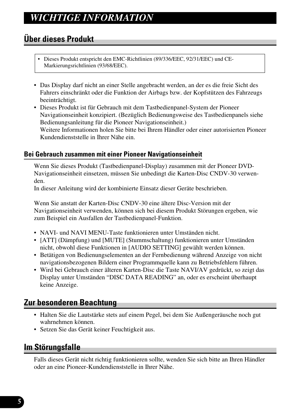 Wichtige information, Über dieses produkt, Zur besonderen beachtung im störungsfalle | Zur besonderen beachtung, Im störungsfalle | Pioneer AVD-W6210 User Manual | Page 78 / 112