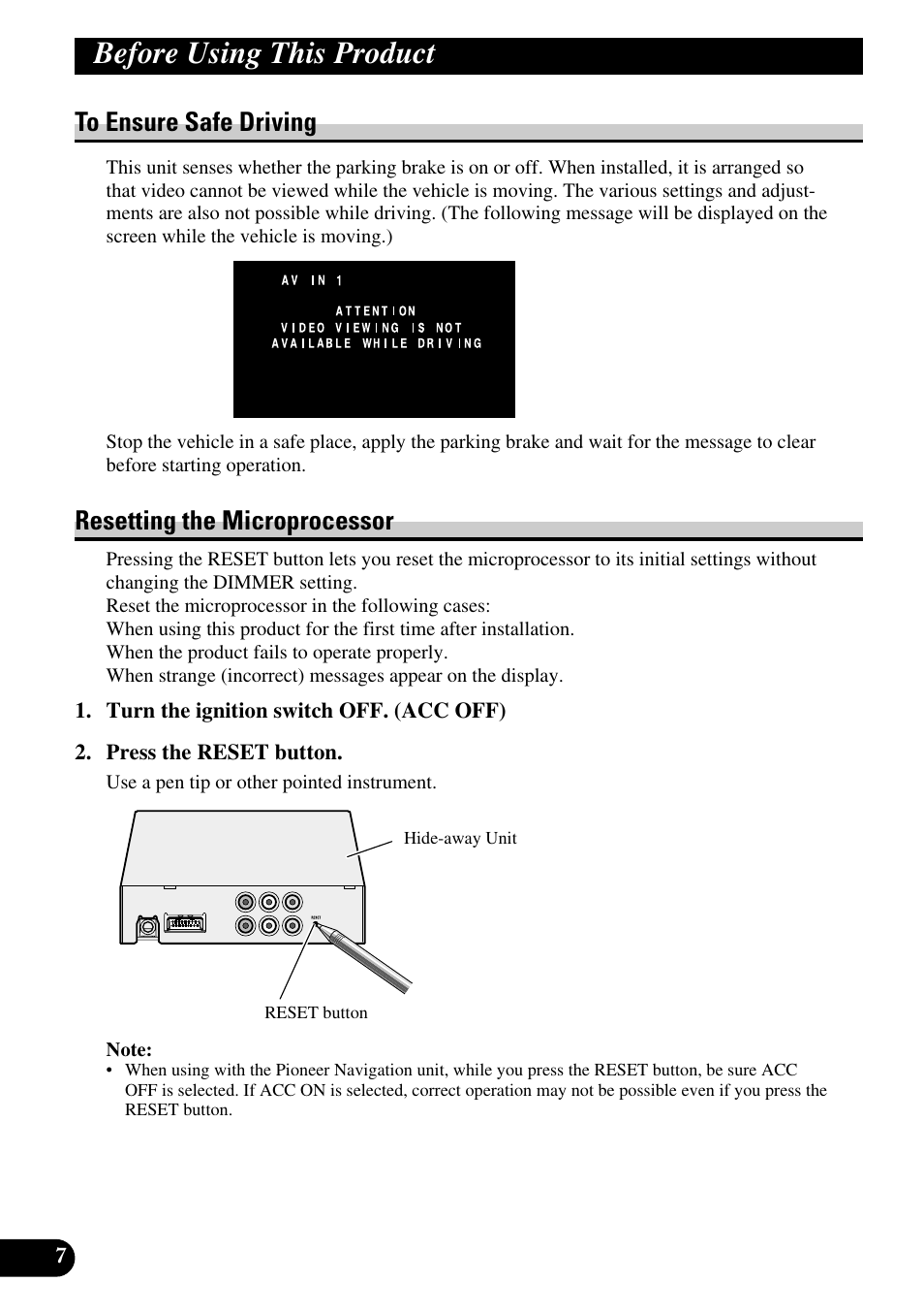 Before using this product, Resetting the microprocessor | Pioneer AVD-W6210 User Manual | Page 8 / 112