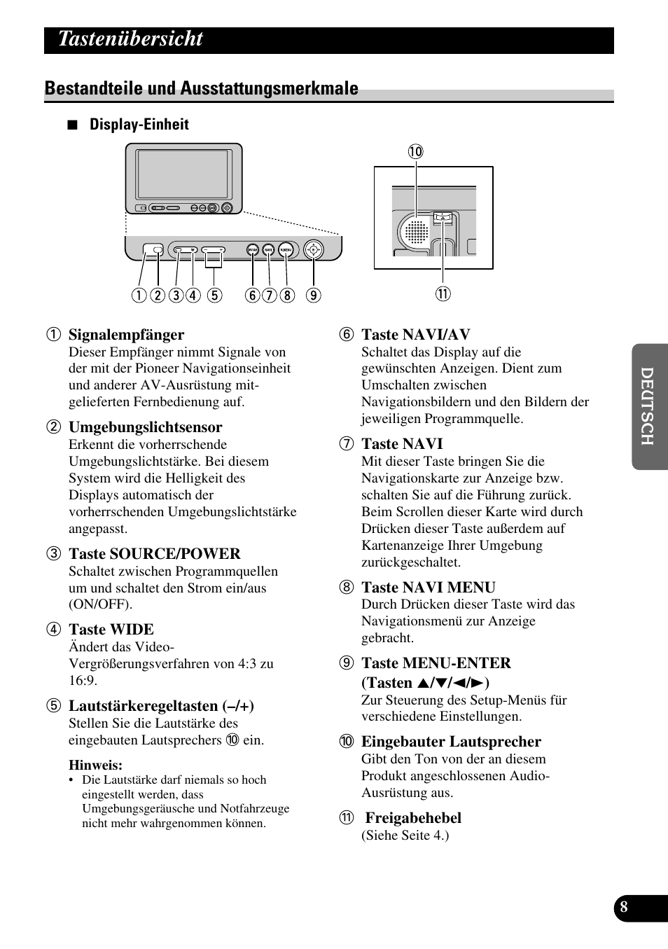 Tastenübersicht, Bestandteile und ausstattungsmerkmale | Pioneer AVD-W6210 User Manual | Page 81 / 112