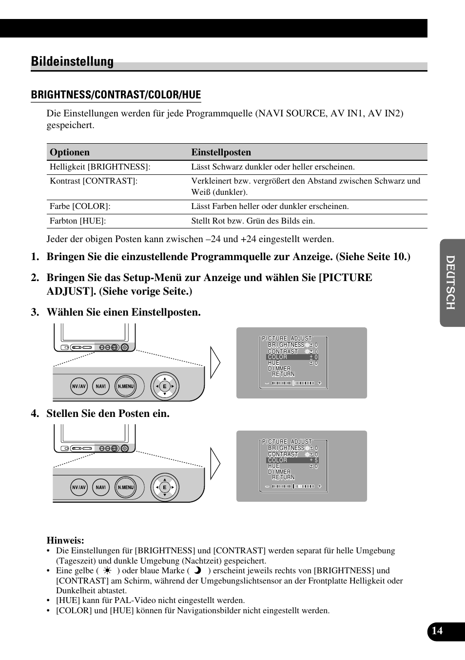 Bildeinstellung, Brightness/contrast/color/hue, Hinweis | Pioneer AVD-W6210 User Manual | Page 87 / 112