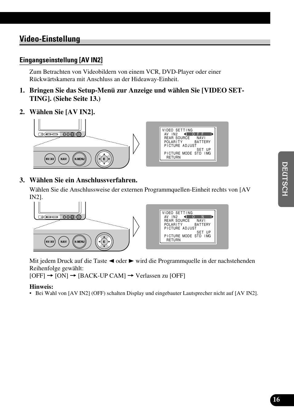 Video-einstellung, Eingangseinstellung [av in2 | Pioneer AVD-W6210 User Manual | Page 89 / 112