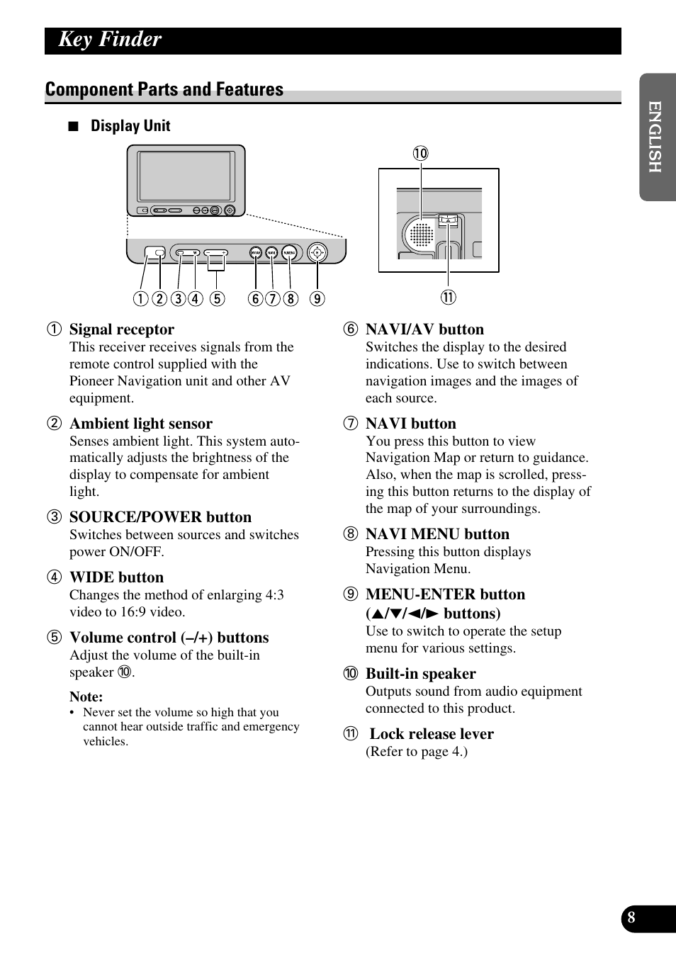 Key finder, Component parts and features | Pioneer AVD-W6210 User Manual | Page 9 / 112