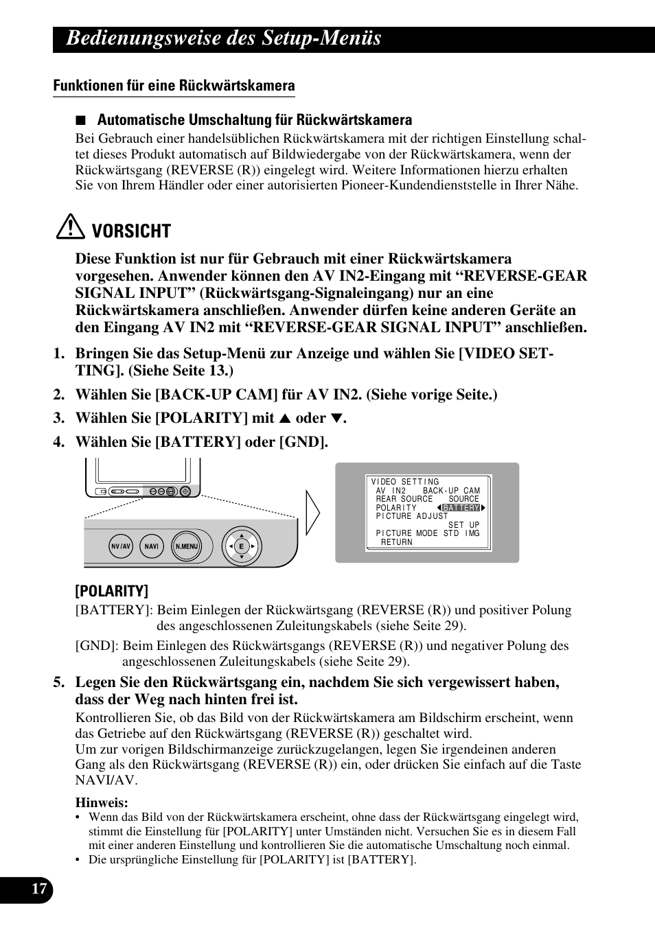Funktionen für eine rückwärtskamera, Bedienungsweise des setup-menüs, Vorsicht | Pioneer AVD-W6210 User Manual | Page 90 / 112