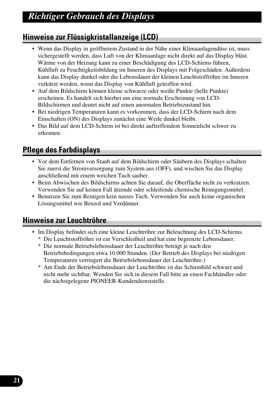 Richtiger gebrauch des displays, Hinweise zur flüssigkristallanzeige (lcd), Pflege des farbdisplays | Hinweise zur leuchtröhre | Pioneer AVD-W6210 User Manual | Page 94 / 112