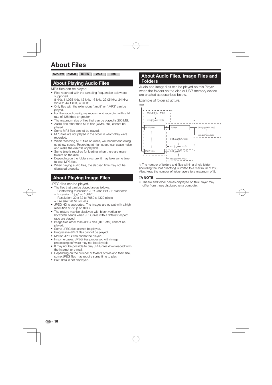 About files, About playing audio files, About playing image files | About audio files, image files and folders | Pioneer BDP-LX53 User Manual | Page 10 / 64