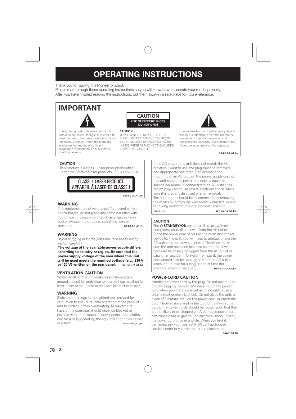 Operating instructions, Important, Caution | Pioneer BDP-LX53 User Manual | Page 2 / 64