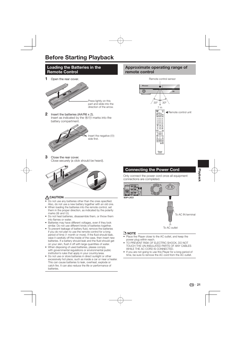Before starting playback -26, Loading the batteries in the remote control, Approximate operating range of remote control | Connecting the power cord, Before starting playback, 12 3 connecting the power cord | Pioneer BDP-LX53 User Manual | Page 21 / 64