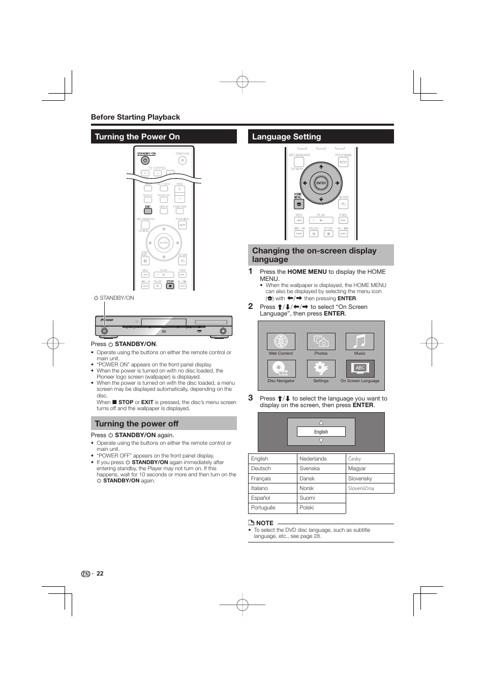 Turning the power on, Turning the power off, Language setting | Changing the on-screen display language | Pioneer BDP-LX53 User Manual | Page 22 / 64