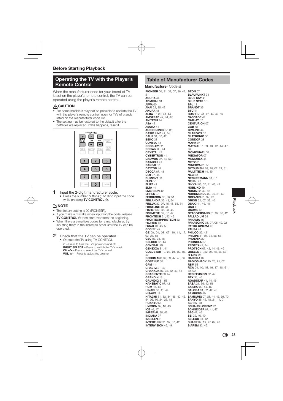 Operating the tv with the player’s remote control, Table of manufacturer codes | Pioneer BDP-LX53 User Manual | Page 23 / 64