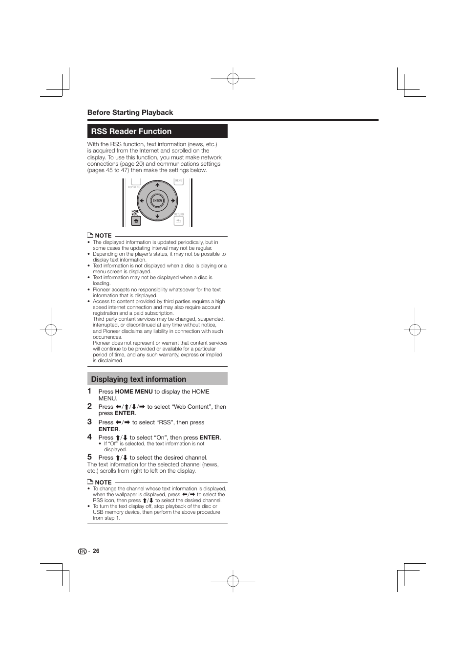 Rss reader function, Displaying text information | Pioneer BDP-LX53 User Manual | Page 26 / 64