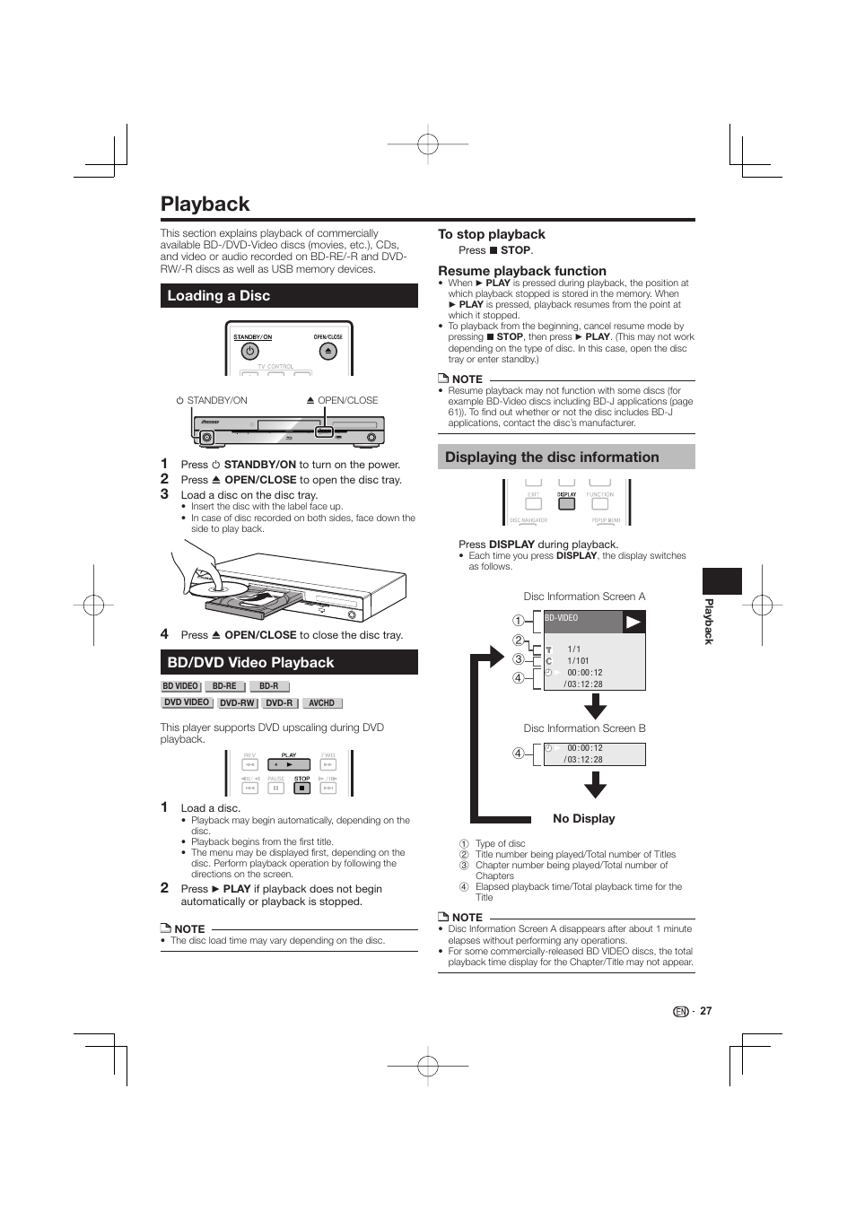 Playback -35, Loading a disc bd/dvd video playback, Displaying the disc information | Playback, Loading a disc, Bd/dvd video playback | Pioneer BDP-LX53 User Manual | Page 27 / 64