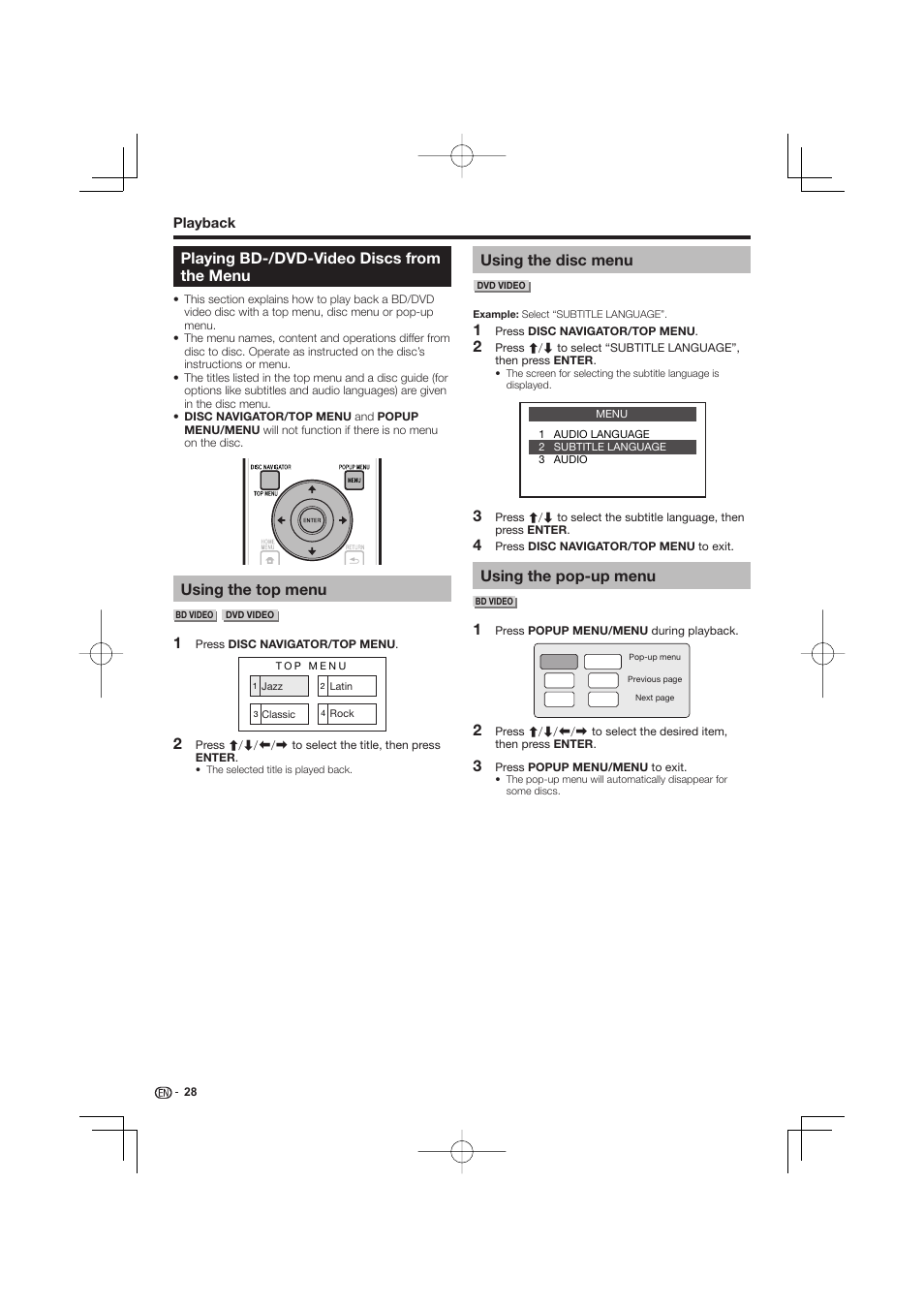 Playing bd-/dvd-video discs from the menu, Using the top menu, Using the disc menu | Using the pop-up menu | Pioneer BDP-LX53 User Manual | Page 28 / 64